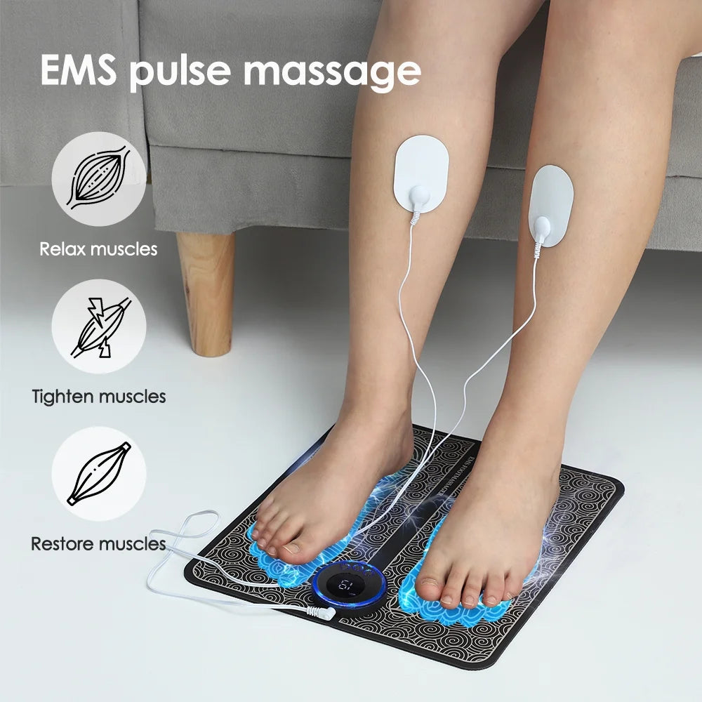 Foot Massager Mat,Feet Electric Massager 8-Mode 19-Level Electrode Massage Foot Mat with 2 Pairs of Electrode Pads,Portable Legs Massager Pad Foot Massager Mat Black