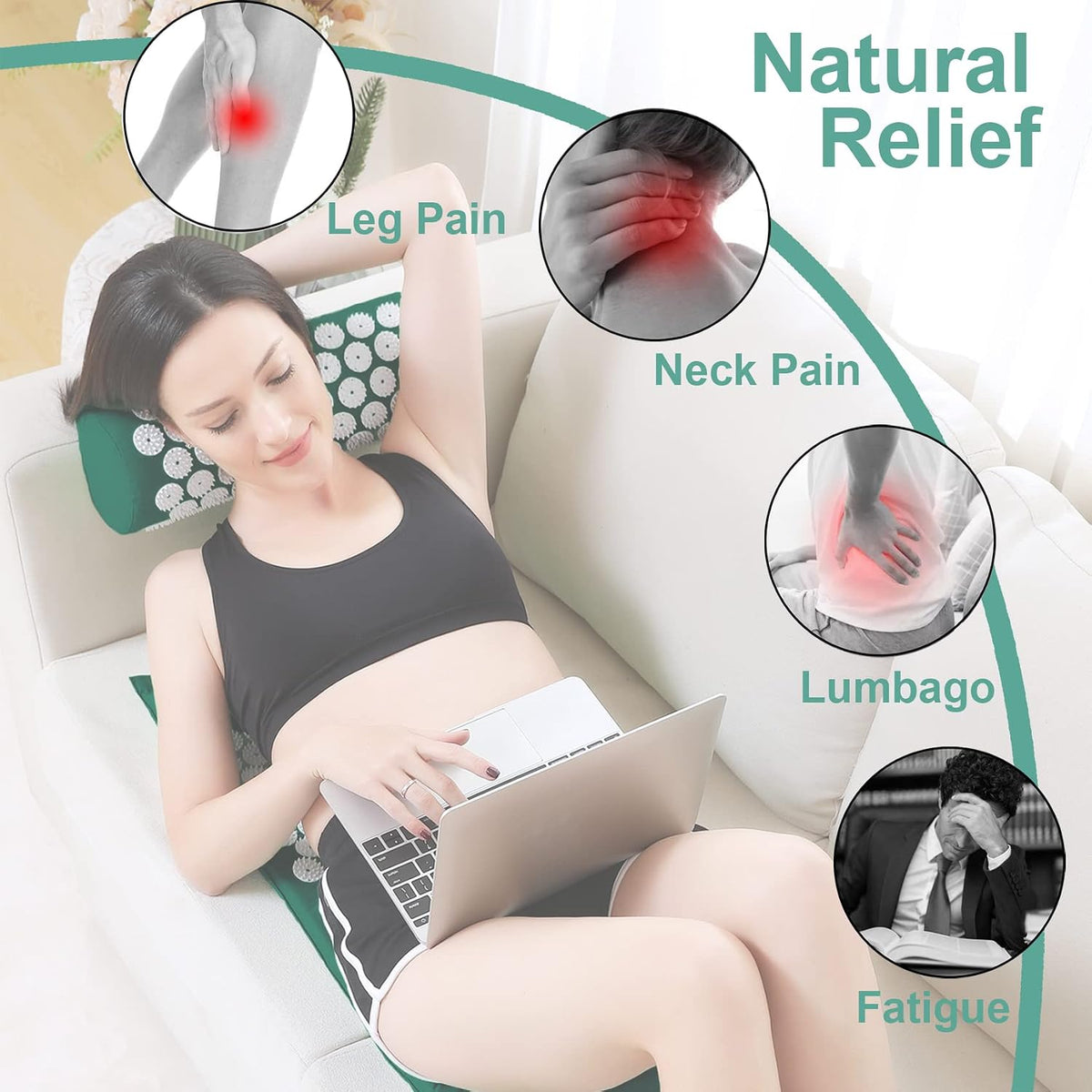 28.7" Acupressure Mat and Pillow Set with Carry Bag (Green)