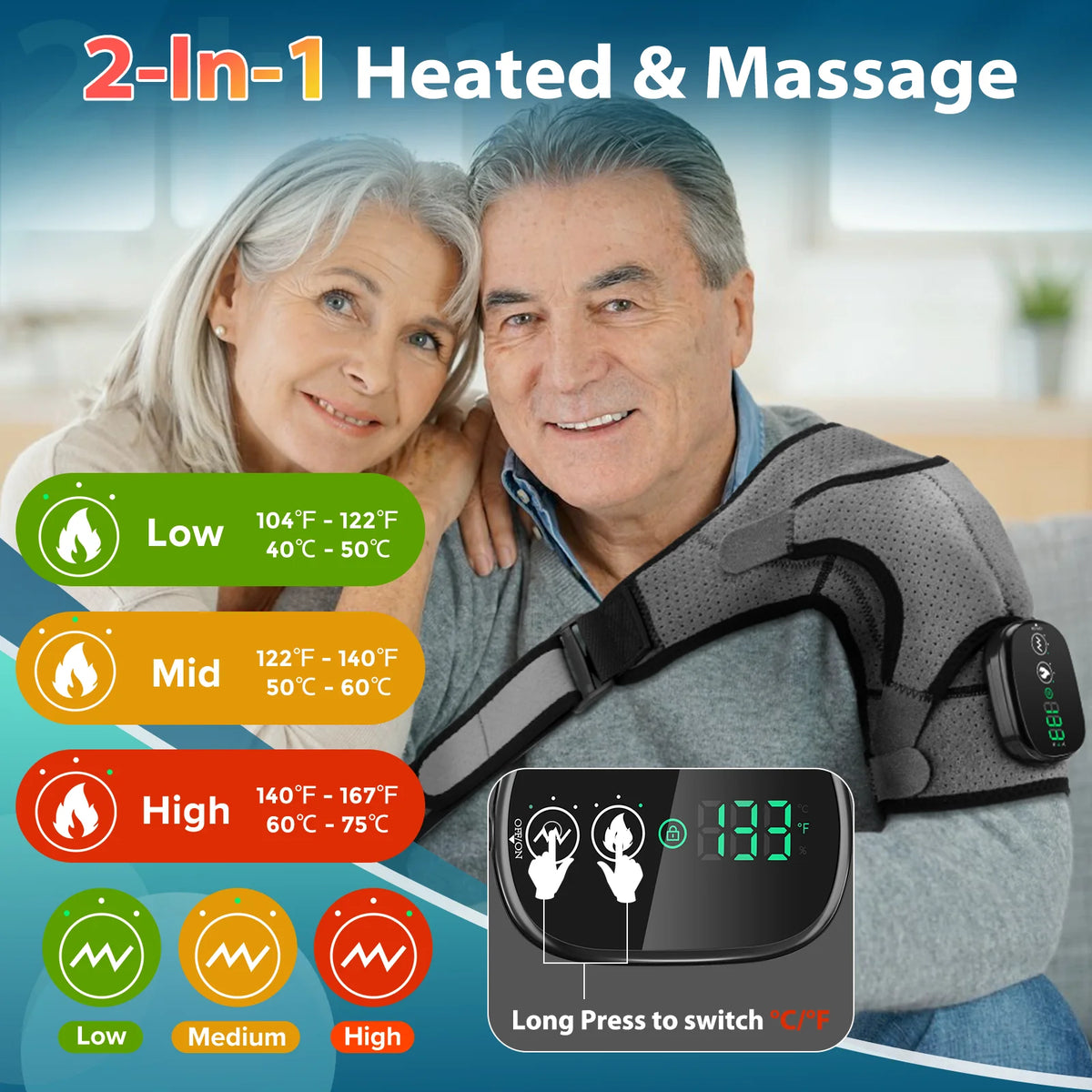 Heated Shoulder Wrap Brace, Cordless Shoulder Heating Pads , Eletric Shoulder Massager with 3 Heating Vibration Settings for Men Women