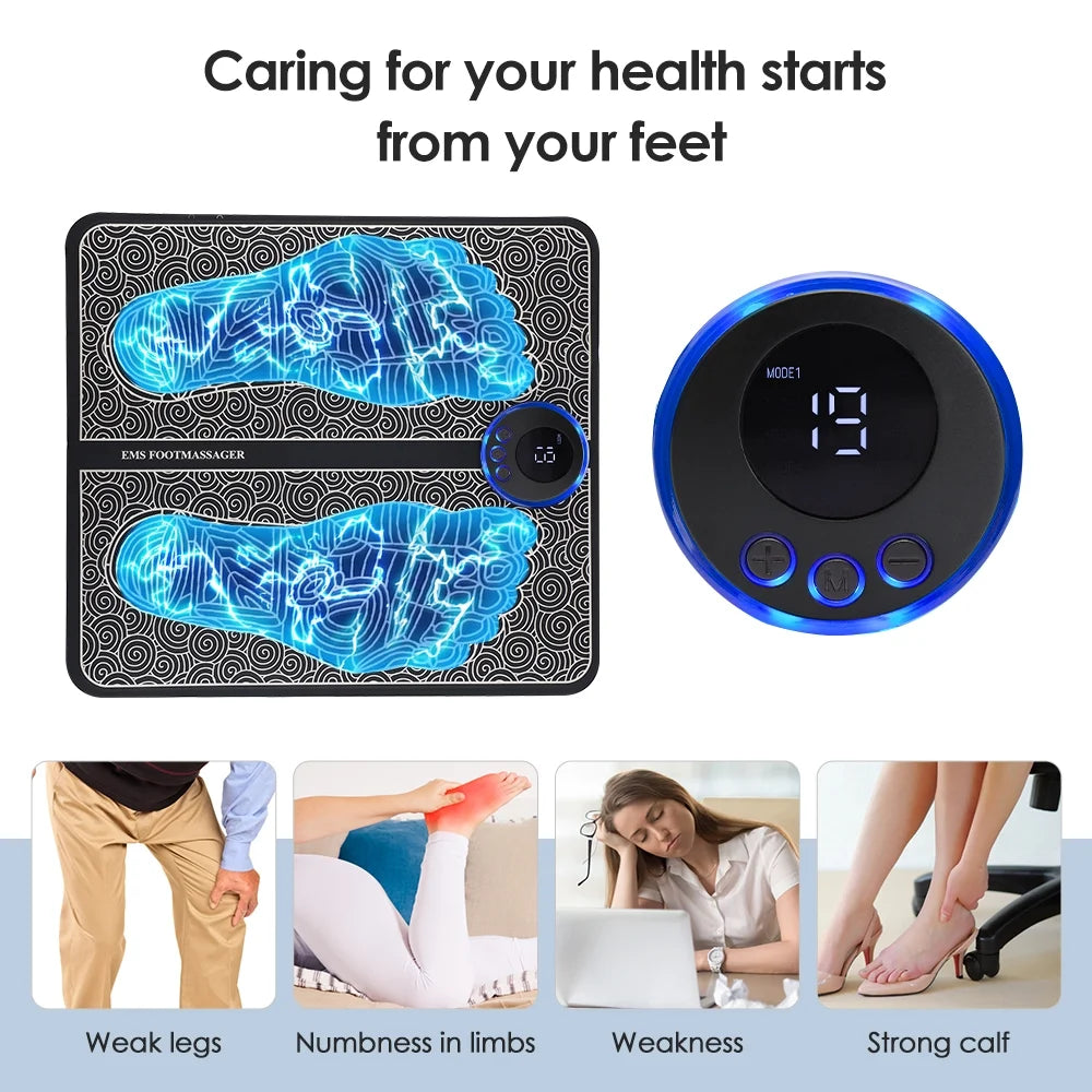 Foot Massager Mat,Feet Electric Massager 8-Mode 19-Level Electrode Massage Foot Mat with 2 Pairs of Electrode Pads,Portable Legs Massager Pad Foot Massager Mat Black