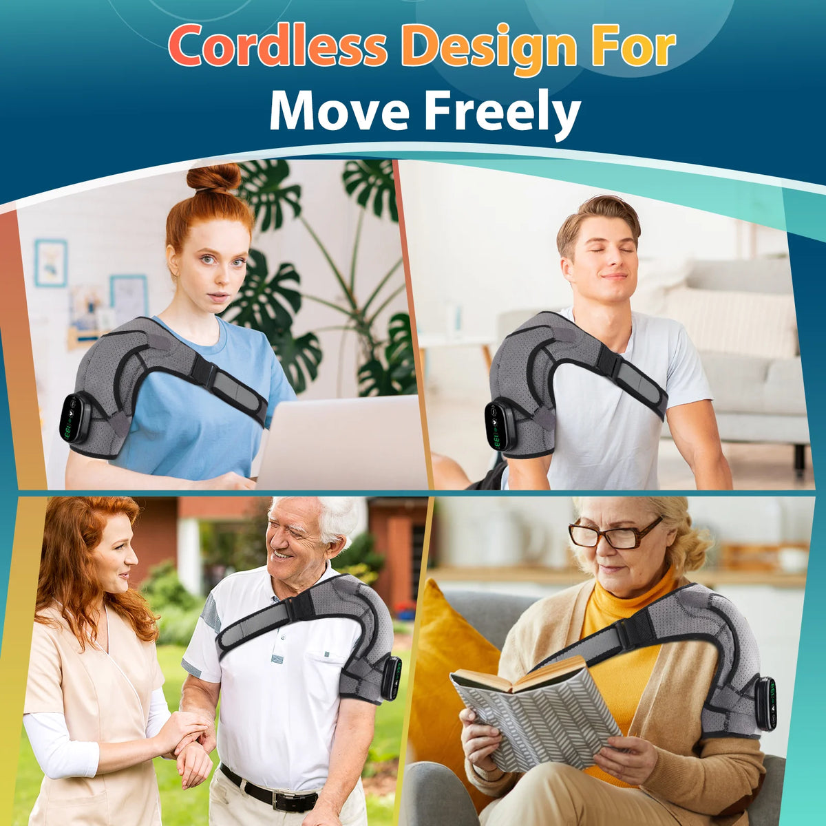 Heated Shoulder Wrap Brace, Cordless Shoulder Heating Pads , Eletric Shoulder Massager with 3 Heating Vibration Settings for Men Women