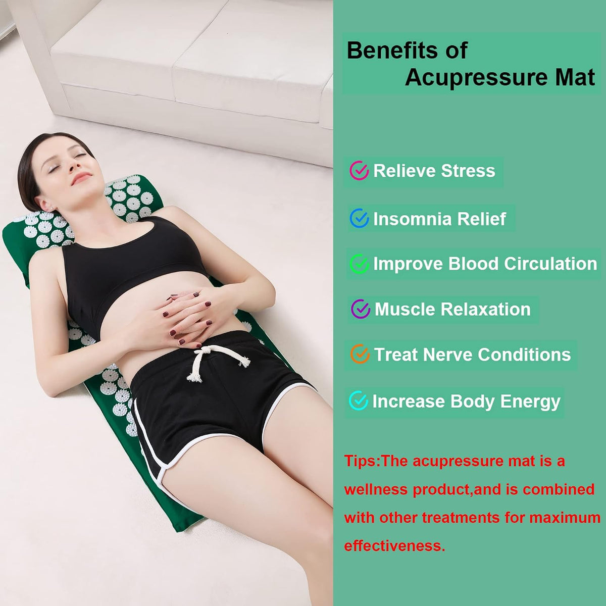 28.7" Acupressure Mat and Pillow Set with Carry Bag (Green)