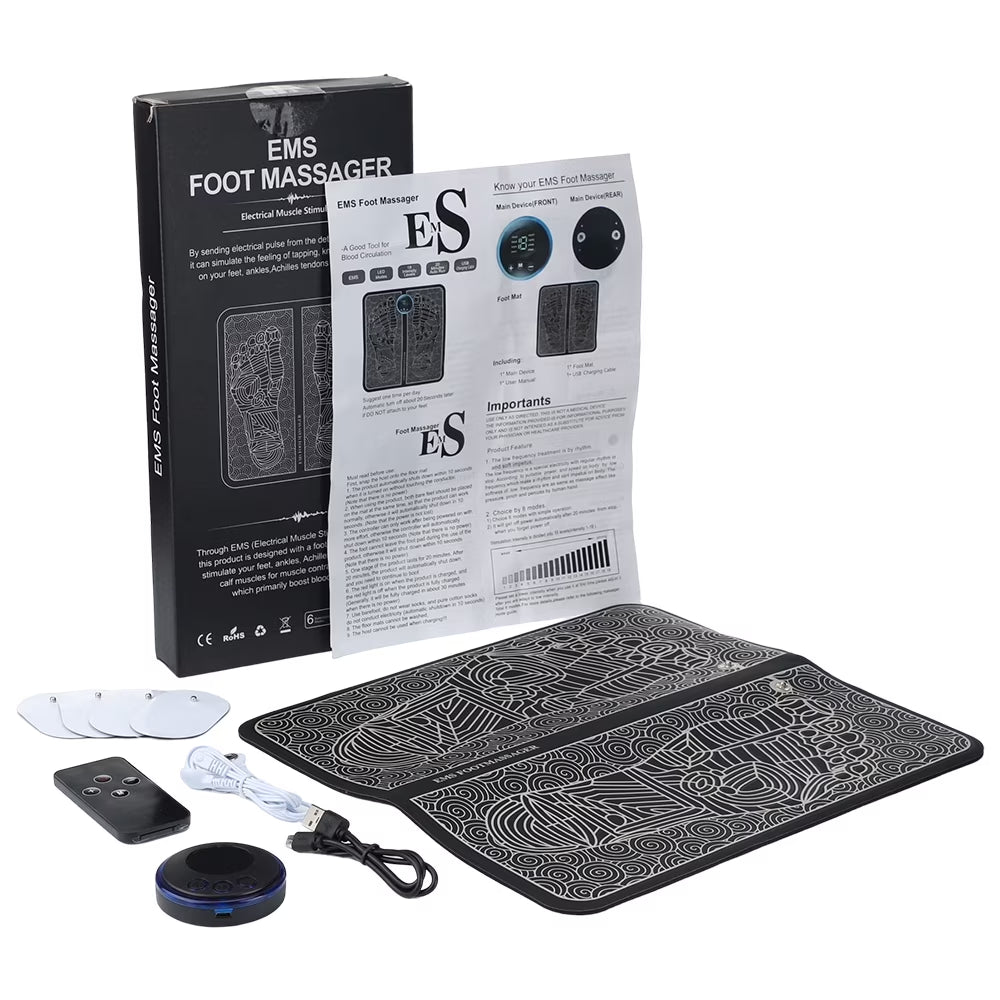 Foot Massager Mat,Feet Electric Massager 8-Mode 19-Level Electrode Massage Foot Mat with 2 Pairs of Electrode Pads,Portable Legs Massager Pad Foot Massager Mat Black
