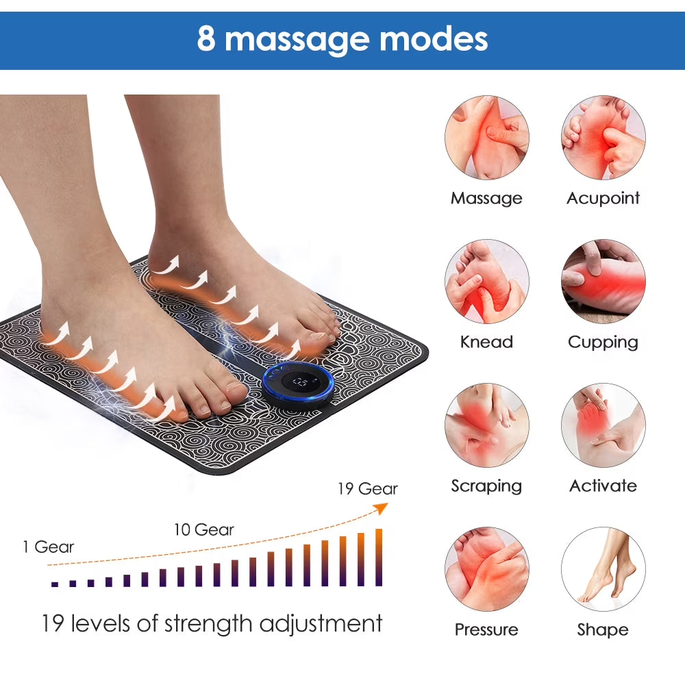 Foot Massager Mat,Feet Electric Massager 8-Mode 19-Level Electrode Massage Foot Mat with 2 Pairs of Electrode Pads,Portable Legs Massager Pad Foot Massager Mat Black