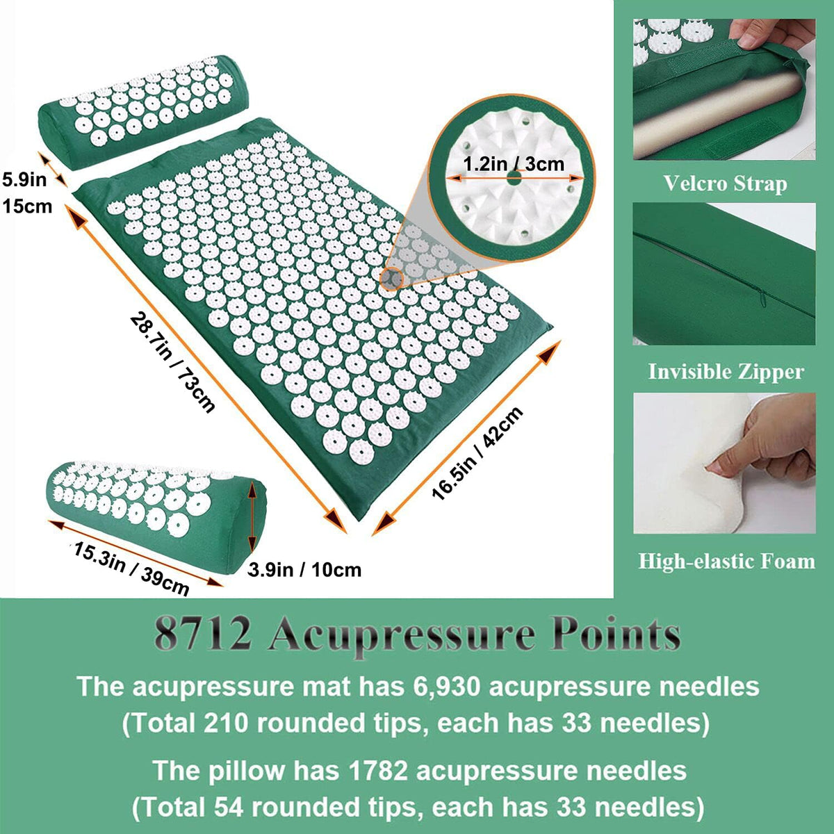 28.7" Acupressure Mat and Pillow Set with Carry Bag (Green)