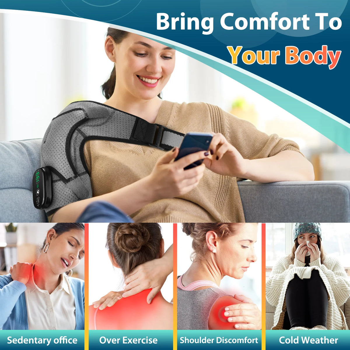 Heated Shoulder Wrap Brace, Cordless Shoulder Heating Pads , Eletric Shoulder Massager with 3 Heating Vibration Settings for Men Women