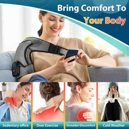 Heated Shoulder Wrap Brace, Cordless Shoulder Heating Pads , Eletric Shoulder Massager with 3 Heating Vibration Settings for Men Women